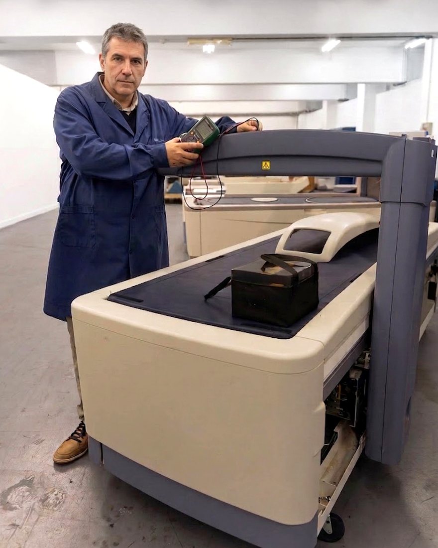Técnico de DexaRay junto a un densitómetro en el taller